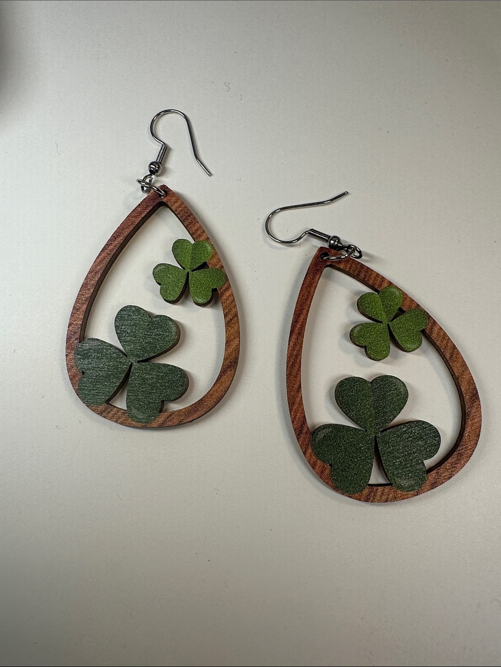 Wooden Teardrop Earrings with Green Shamrock Clover Accents